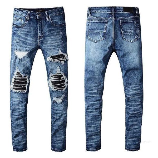 

denim amirs jeans designer pants man fall fashion brand am men's black perforated embroidery patch elastic slim leggings azij, Blue