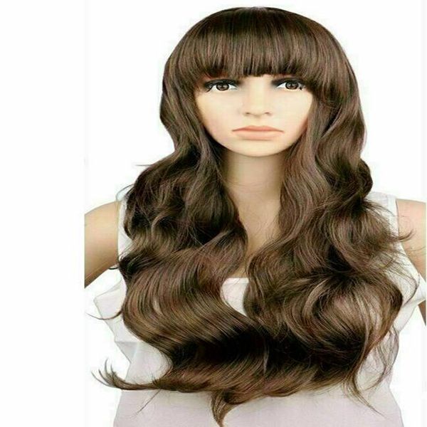 

women ladies natrual long wavy wig cosplay black dark brown 68 cm synthetic wig