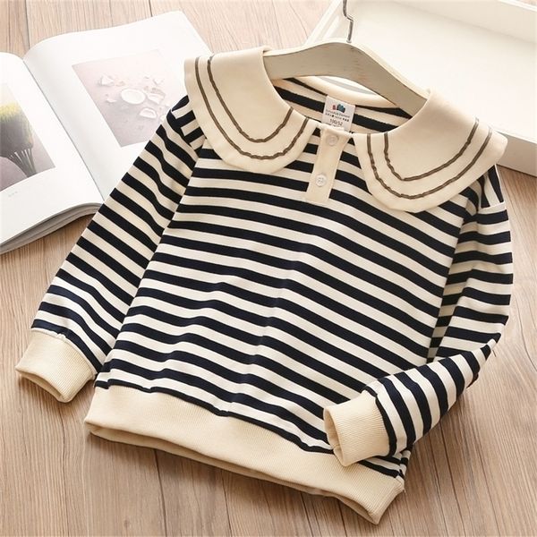 

pullover autumn spring 2 3 4 5 6 7 8 9 10 years casual long sleeve peter pan collar cotton striped sweatshirts for kids baby girls 220929, Blue