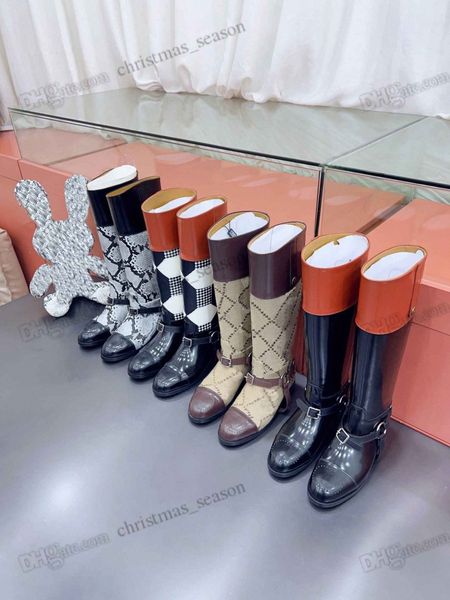 

equestrian style boots knee booted women light and shadow print letter embroidery color matching snakeskin pattern harness detail boot luxur, Black