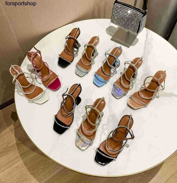 

luxury designer sandals amina muaddi wine glass with diamond strap high heels new square head with fairy style fashion sandal, Black