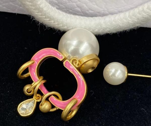 

very beautiful pink enamel dioletter pendant charm single earring brass material 925 silver post luxury designer earrings womens party gift, Golden