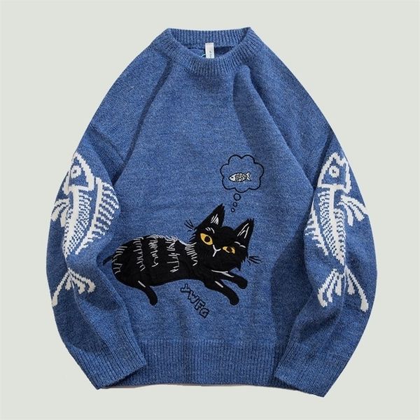

men's sweaters streetwear cat embroidery knitted sweater mens hip hop harajuku casual loose o-neck pullover couples fashion autumn wint, White;black