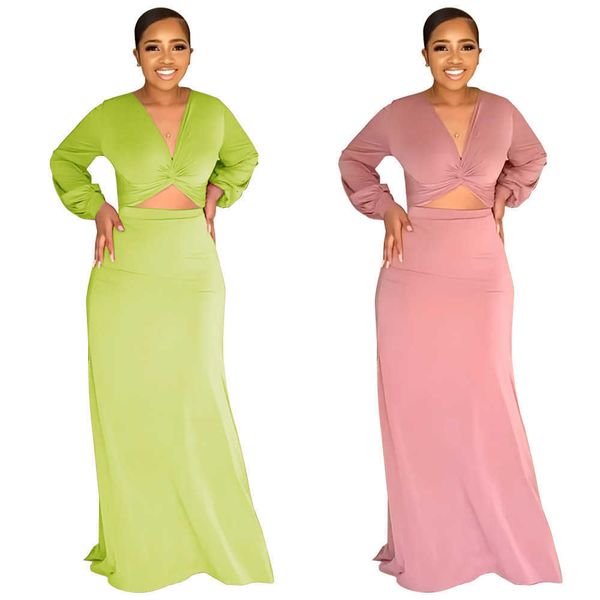 

9580 solid casual long sleeved women's blouse skirt two-piece set, White