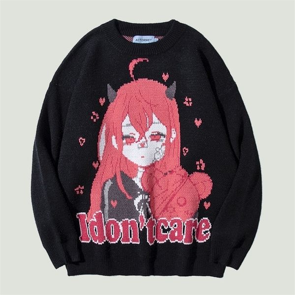 

men's sweaters oversized knitted men women hip hop harajuku cartoon anime girl jumpers casual loose college pullover streetwear 220930, White;black
