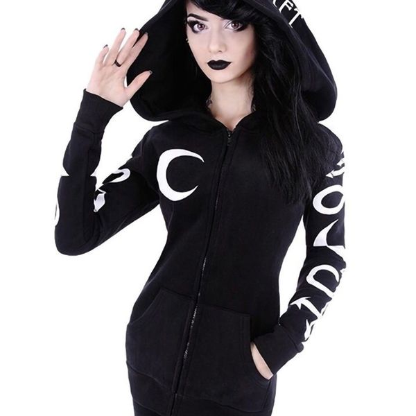

women's hoodies sweatshirts women gothic punk moon letter print autumn winter long sleeve black jacket zipper coat casual hoody 5xl 220