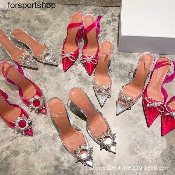 

luxury designer dress shoes amina muaddi sunflower rhinestone pointed high-heeled transparent sandals bow crystal banquet shoes, Black