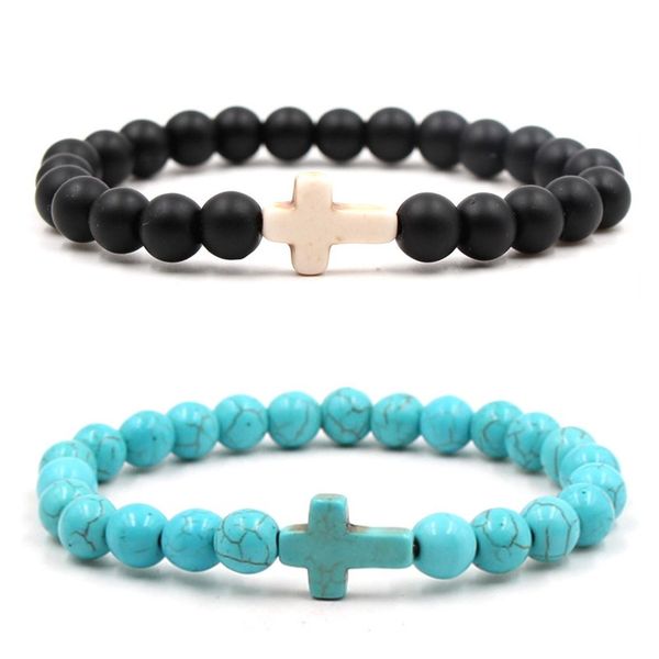 

8mm black matte turquoise beads bracelet bangles cross charm blue beaded men bracelets for women yoga jewelry