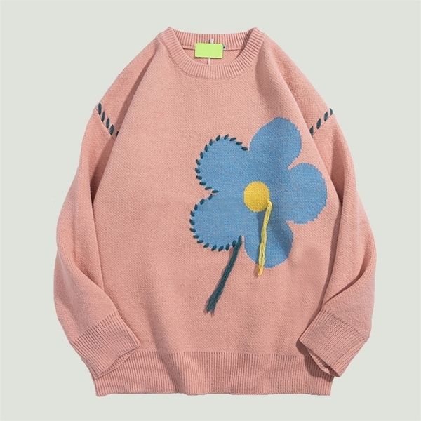 

men's sweaters hip hop streetwear cartoon flowers tassel knitting sweater mens vintage casual loose cotton college pullover autumn 2209, White;black