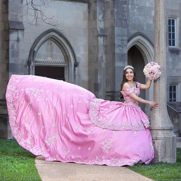 

cinderella pink quinceanera dresses ball gown for sweet 16 dress 3d flowers beads satin birthday prom gowns vestidos de 15 anos, Blue;red