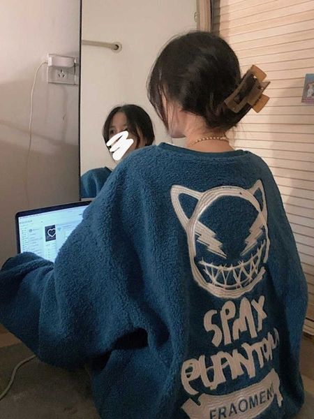 

women's hoodies sweatshirts deeptown harajuku emo anime print hoodies women vintage hip hop oversized sweatshirts lamb wool loose casua, Black