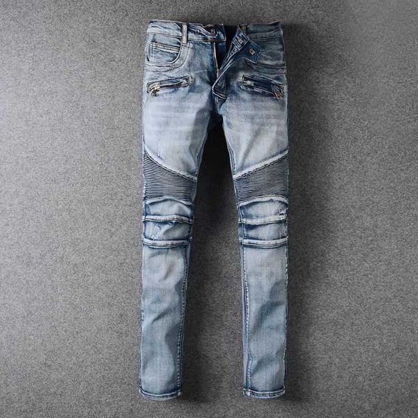 

denim amirs jeans designer pants man fall high street new men's black broken embroidery patch elastic slim leggings motorcycle yad5, Blue