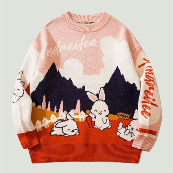 

men's sweaters knitted hip hop cartoon cute rabbit graphic pullovers streetwear harajuku loose casual o-neck jumper 220930, White;black