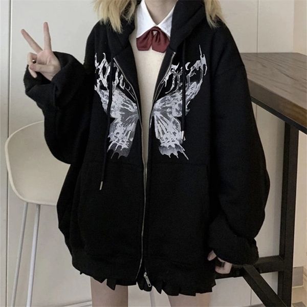 

women's hoodies sweatshirts harajuku y2k women autumn gothic butterfly aesthetic sweatshirt korean style zip up pocket long sleeve jack, Black
