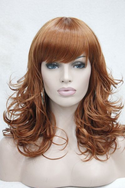 

new curly women' medium length synthetic full wig orange brown centre skin dot wig, Black