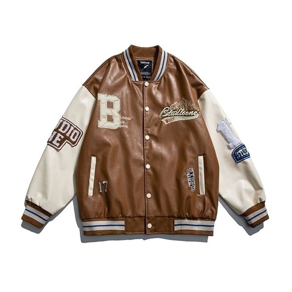 

men's jackets mens varsity pu leather baseball jacket men women vintage embroidery letter patchwork college coats hip hop bomber coat 2, Black;brown