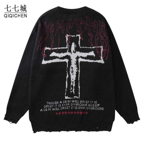 

men's sweaters hip hop knitted sweaters men women jesus cross pattern loose jumpers streetwear casual college knitwear pullover spring, White;black