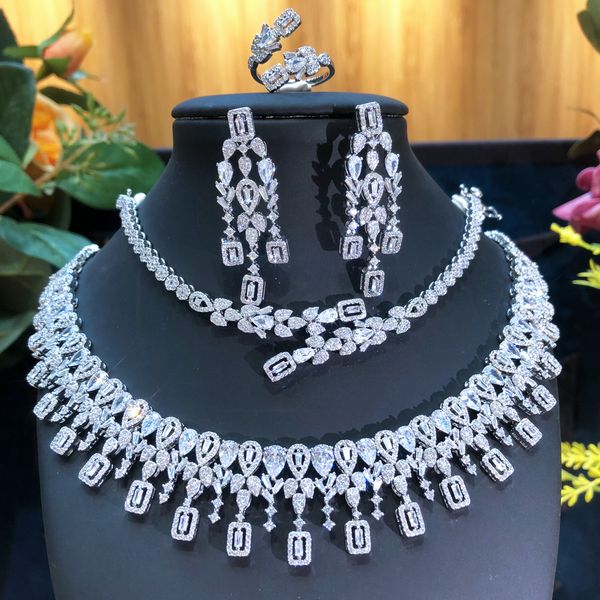 

wedding jewelry sets soramoore original luxury 4pcs big necklace bracelet earring ring cubic zirconia for woman engagement 220929, Slivery;golden