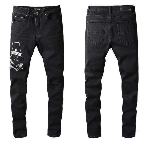 

denim amirs jeans designer pants man fall fashion brand am men's black perforated embroidery patch elastic slim leggings zcxe, Blue