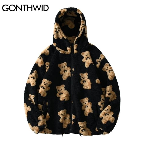 

mens jackets gonthwid fleece hooded jackets streetwear casual harajuku hip hop men women fashion bear print full zip hooded coat outwear 22, Black;brown