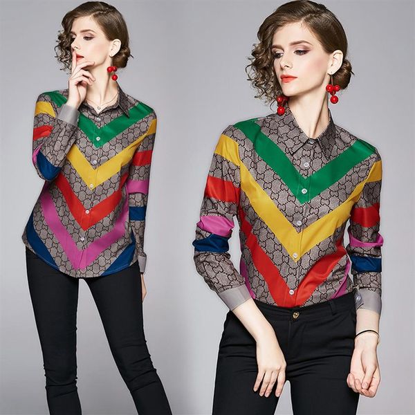 

fashion runway women blouses long sleeves spring fall luxury print ol ladies casual office lapel neck button designer shi267z, White