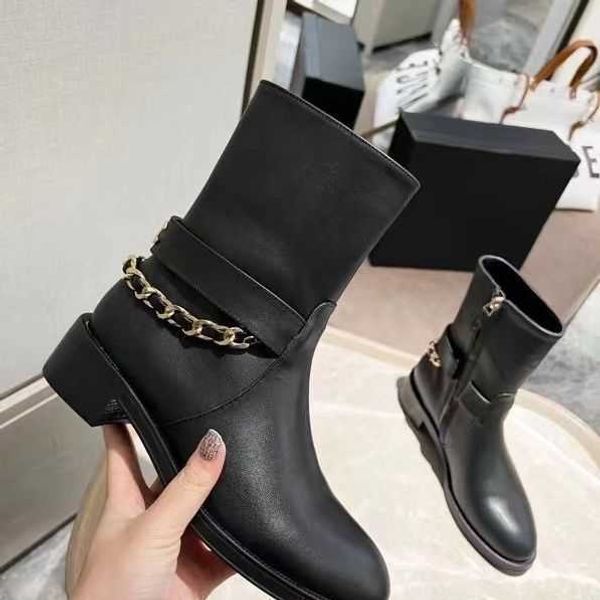 

designer boots short boot women new type chain coarse heel tall martin boots leather round head side zipper knight booties, Black