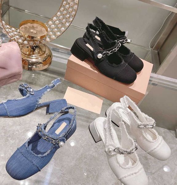 

sandals shoes dress 2022 new lace twill denim pearl chain round head thick low heel sandals women's, Black