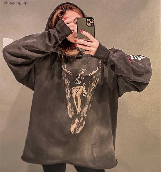 

men's hoodies sweatshirts meichao saint michael co branded large v character portrait washed and damaged bottom dress, Black