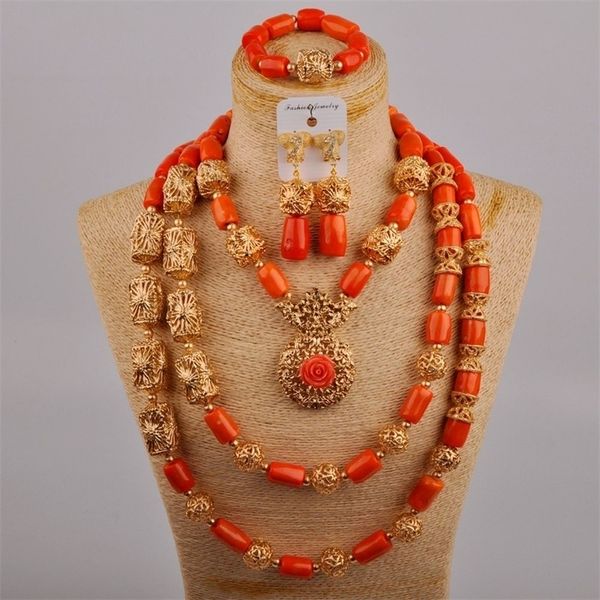 

wedding jewelry sets nigerian beautiful bride dress african female orange natural coral necklace set au 464 220929, Slivery;golden
