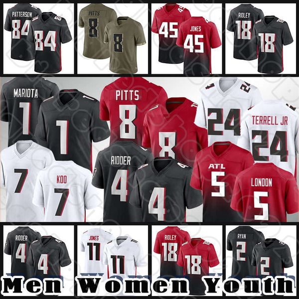 

8 kyle pitts 1 marcus mariota 5 drake london football jerseys 24 a.j. terrell jr desmond ridder younghoe koo atlantas falcon 18 ridley corda, Black;red