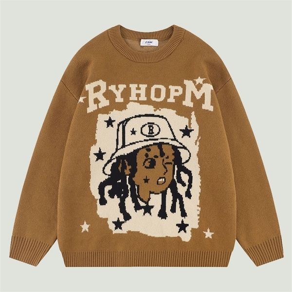 

men's sweaters streetwear knitted retro harajuku cartoon portrait letter printed jumper oversized casual o-neck pullover 220930, White;black