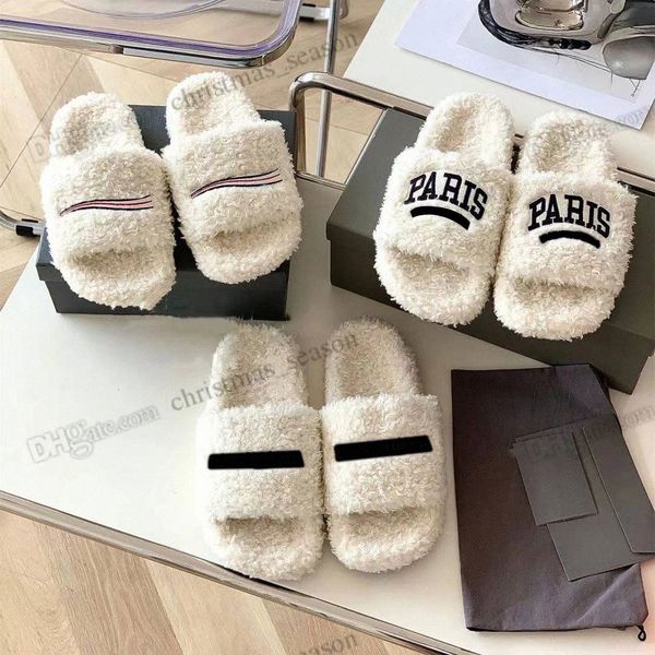 

designer paris embroidery slippers men women comfort furry slide sheep wool leather sandals winter fluffy l warm slides flip flops 35-45 wit, Black