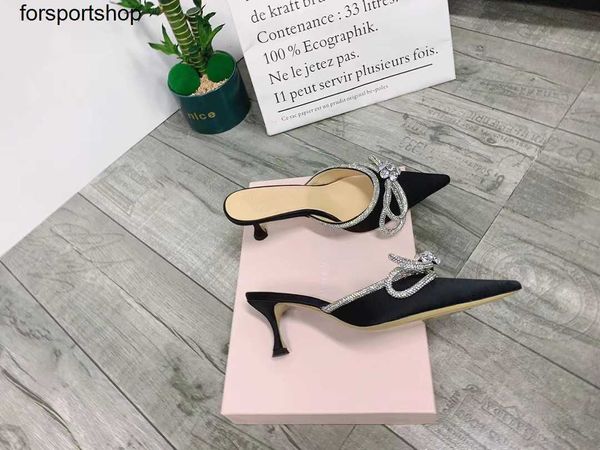 

luxury designer slippers rhinestone bow high-heeled slipper women summer new pointy thin heel mid heel half drag fairy cool sandals, Black