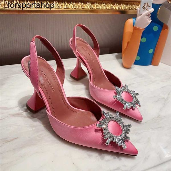 

luxury designer sandals amina muaddi goddess sandal sunflower water diamond buckle high heels pointed wine glass heel satin fashion shoes, Black