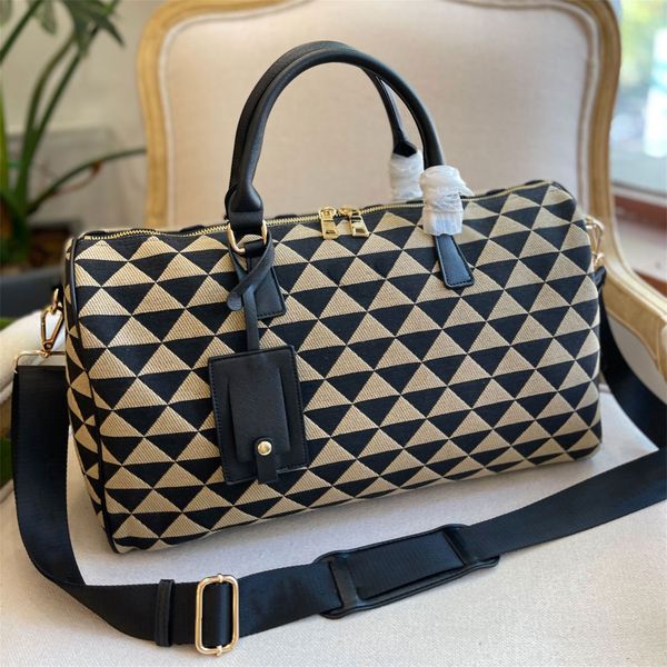 

luxury symbole embroidered jacquard fabric travel bags designer enameled metal triangle logo tote luggage pouch women men shoulder bag