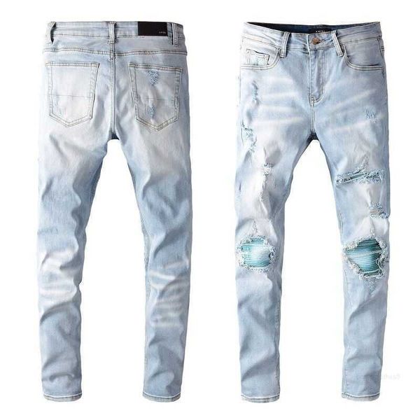 

denim amirs jeans designer pants man fall fashion new men's black lace embroidery patch elastic slim fit leggings 7v4g, Blue