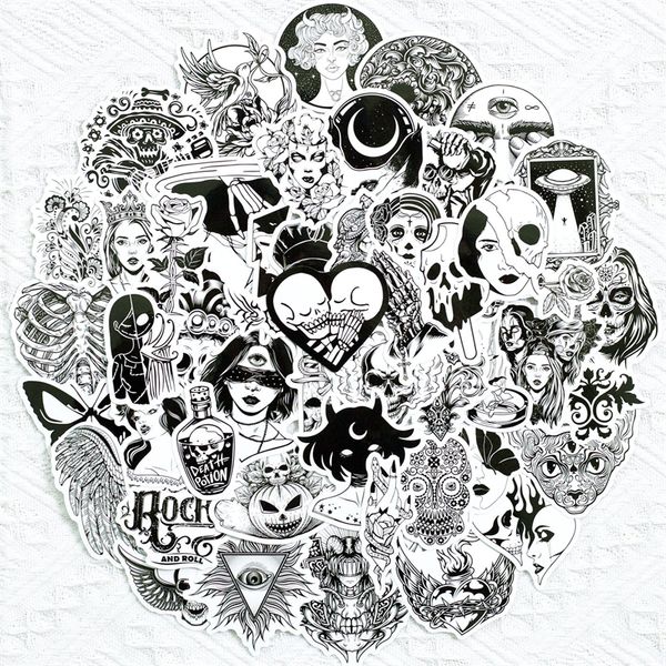 

50pcs gothic vinyl sticker pack for adults glossy black and white skull