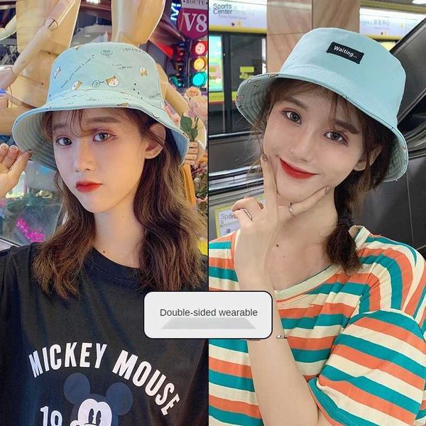 

stingy brim cotton double sided cartoon dog print bucket fisherman outdoor travel sun cap hats for men and women 0929, Blue;gray