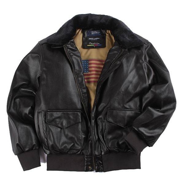 

mens leather faux winter vintage a2 leather jacket men streetwear removable fur flight motorcycle bomber padded air force coat 220930, Black