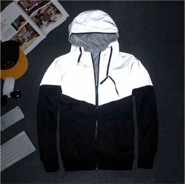 

men's down parkas half reflective jacket men women harajuku windbreaker jackets hooded hiphop streetwear night shiny zipper coat plus s, Black