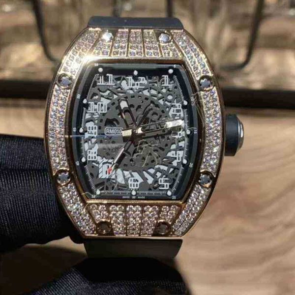 

watches wristwatch designer luxury mens mechanical watch wine barrel richa milles rm010 series 2824 automatic full diamond tape swiss movem, Slivery;golden