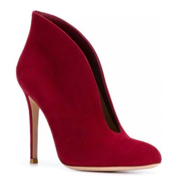 

gianvito rossi high-heeled ankle boots dark red chamois suede round head u type slip-on highshoes women luxury designer shoes factory footwe, Black