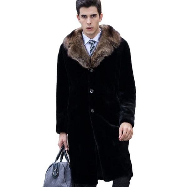 

european trend winter imitation mink fur coat male long design plus size trench outwear warm men fur overcoat yellow collar, Black