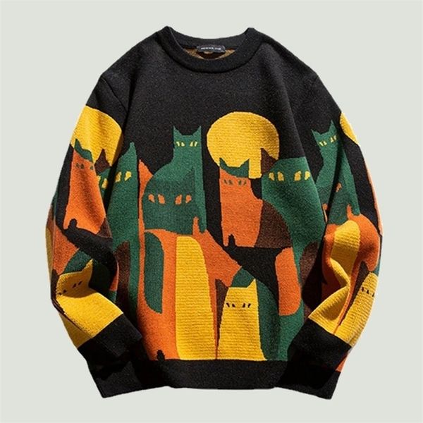 

men's sweaters hip hop knitted sweater mens japanese cartoon full cat printed streetwear harajuku casual o-neck loose pullover 220930, White;black