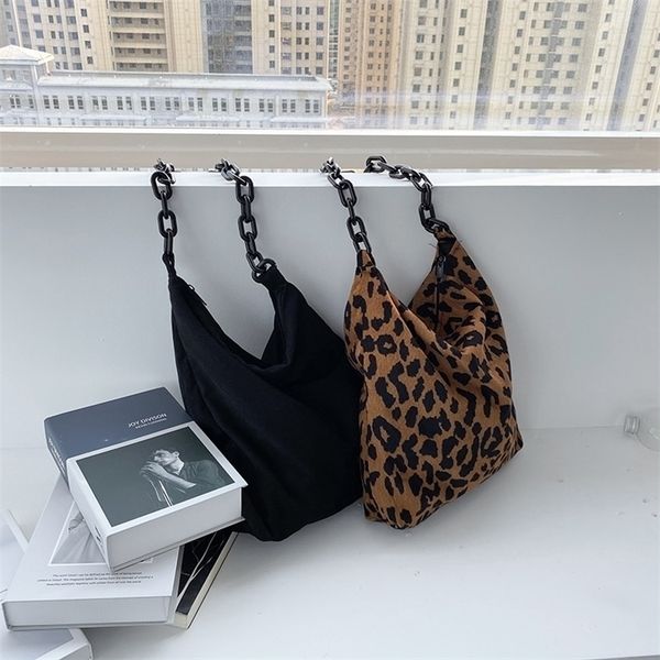 

autumn winter corduroy shoulder retro leopard pattern handbag thick chain bags female daily warm soft crossbody 220810