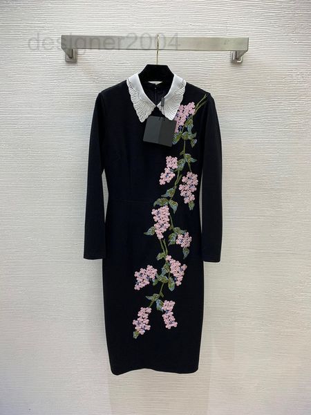 

casual dresses designer women's new heavy industry diamond collar flower green leaf embroidery set medium long hip split dress yvm9, Black;gray