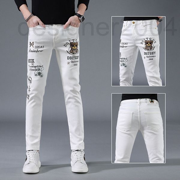 

men's jeans designer chaopai embroidered tencel jeans men's thin 2022 new slim fit small feet korean milk white casual pants wdko, Blue