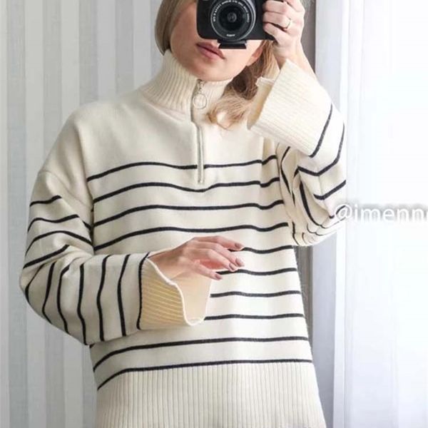 

klkxmyt women sweater fashion stripe loose zipper knitting sweaters vintage long sleeve asymmetry female pullover 220811, White;black
