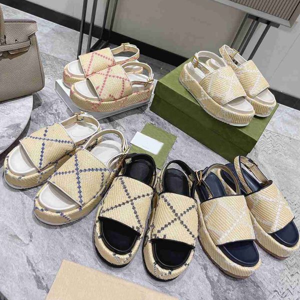 

designer sandals retro platform slippers strap raffia-effect fabric slides adjustable buckle slipper white leather slipper, Black