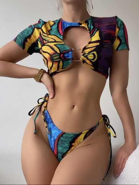 

women's swimwear micro bikini set string cross swimsuit women printed split hollow bikini, White;black
